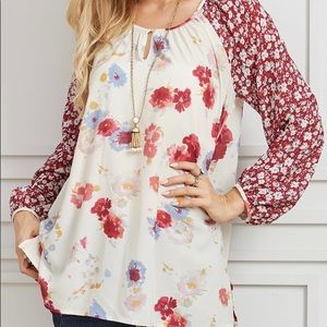 Ivory and Burgundy Floral Notch Neck Tunic